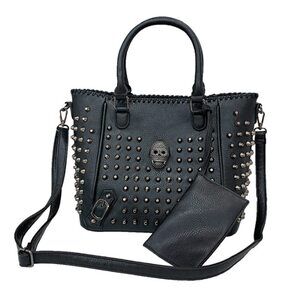 1120 Skull Tote Purse Top-handle Handbags Punk Rivet Satchel PU Leather